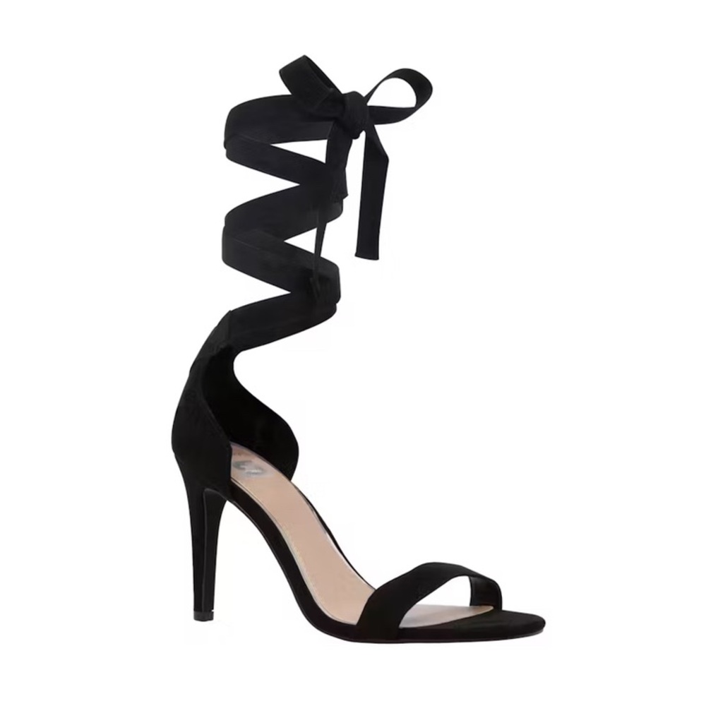 Disney x Call It Spring Black Suede Open Toe Sandal with Ankle Wrap, 4” Heel, 8